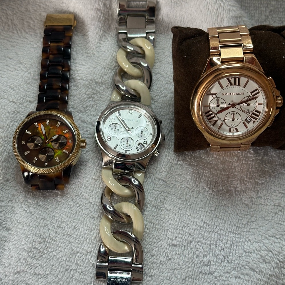 Michael Kors Gold, Silver, and Brown Watch Trio